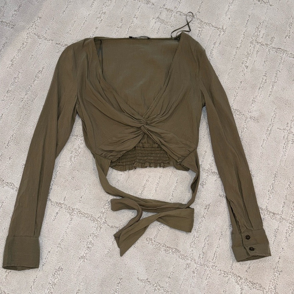 zara olive linen twist crop top